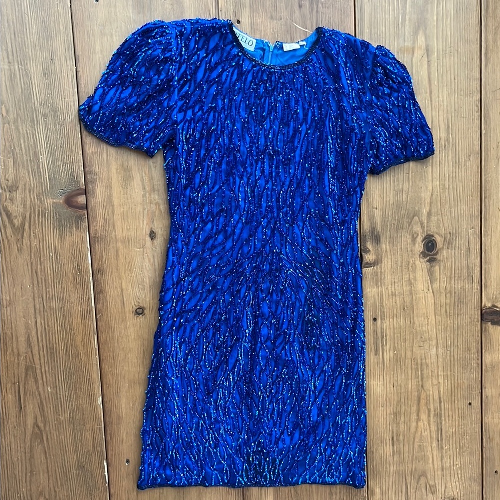VTG 80s Blue Puff Sleeve Full Sequined Mini Dress